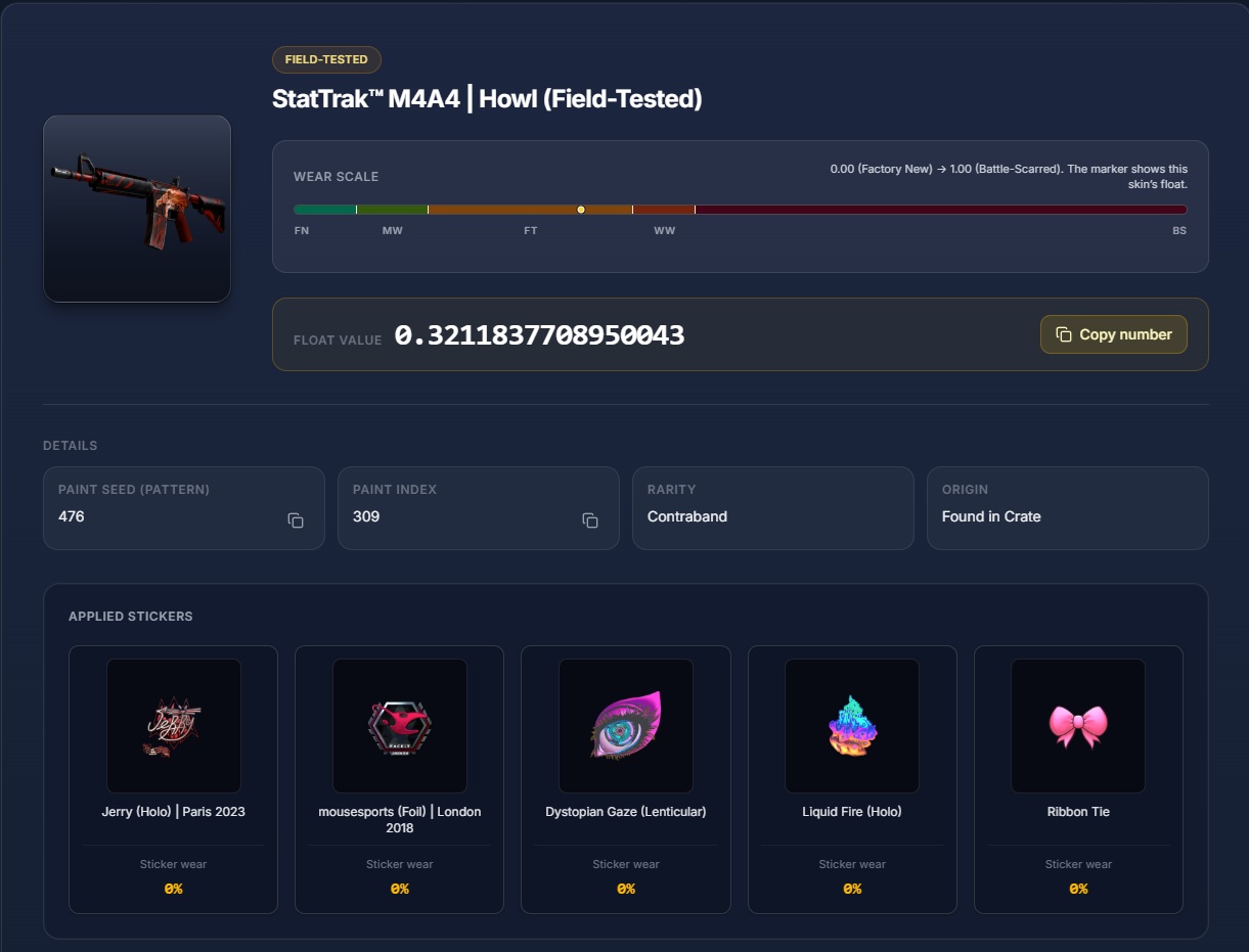 résultat du cs2 float checker affichant la valeur float, l’usure et le paint seed