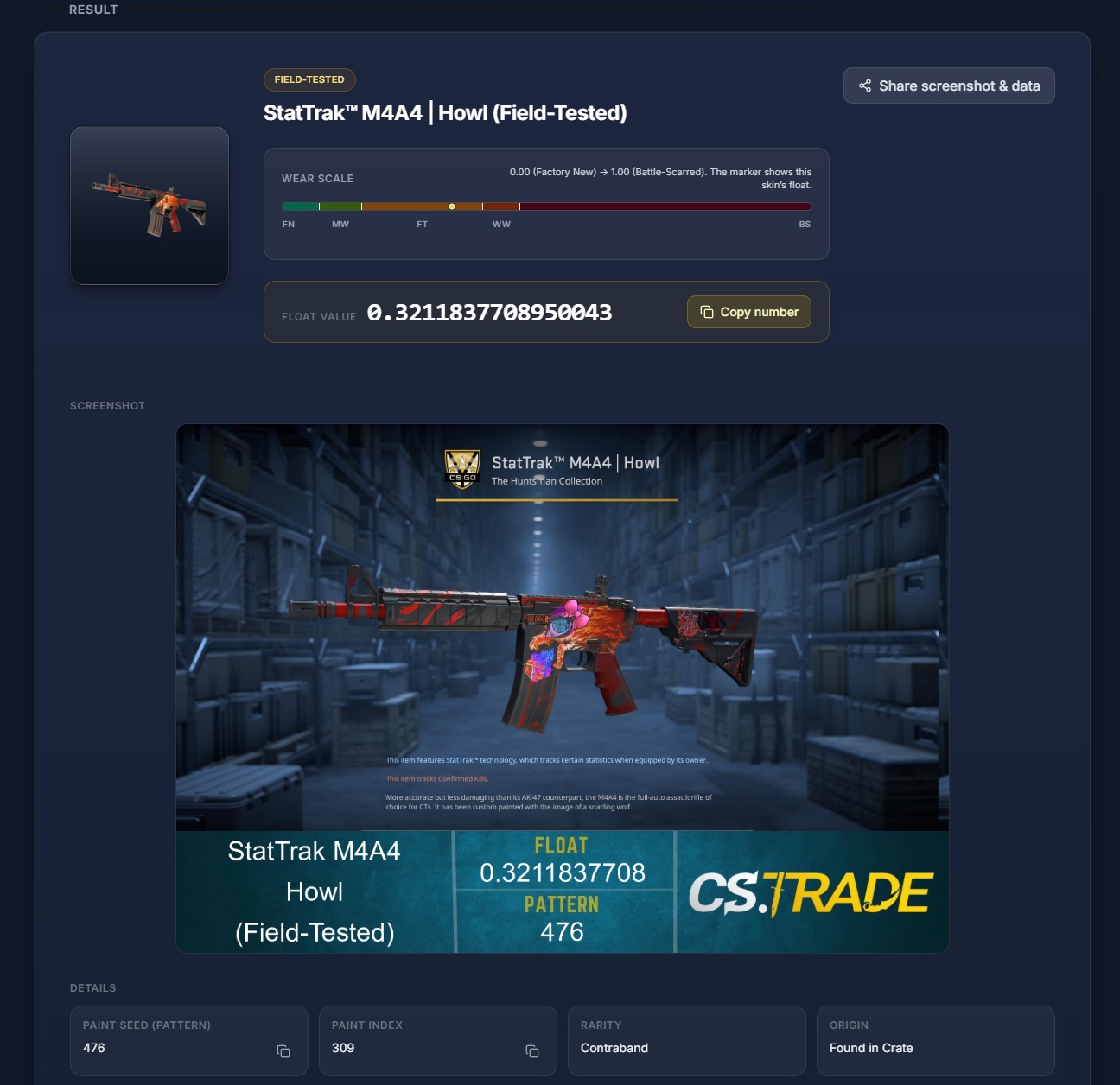 résultat d’aperçu CS2 affichant la valeur float, l’usure et le paint seed