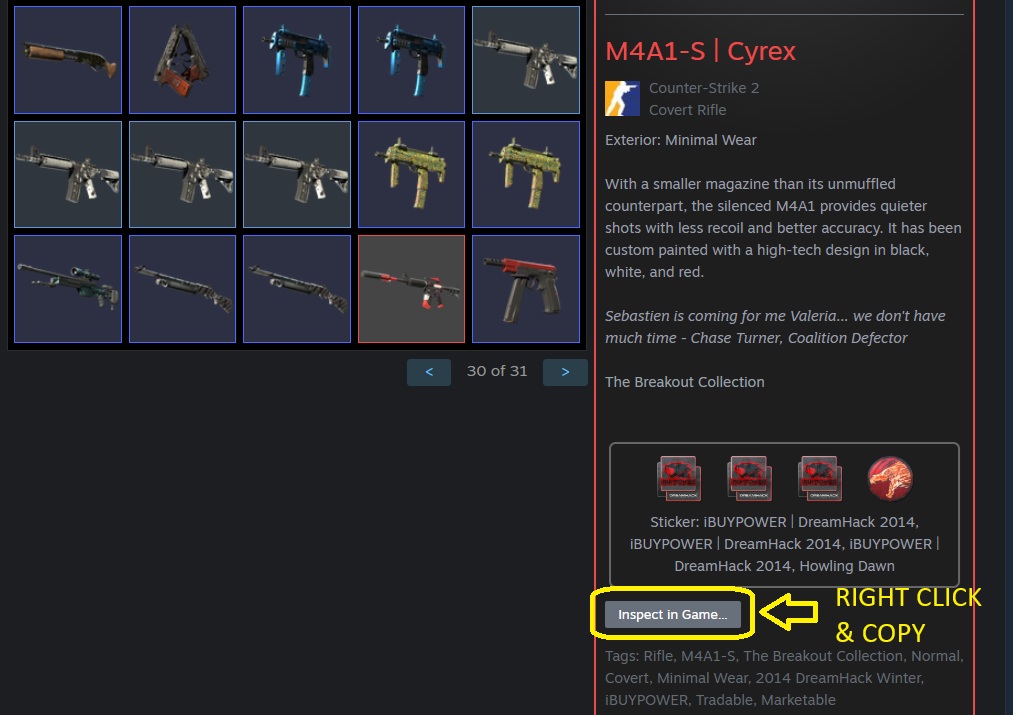 comment copier un inspect link CS2 sur Steam