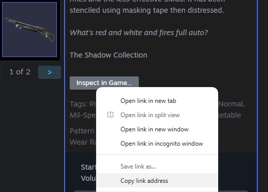 comment copier un inspect link CS2 sur Steam